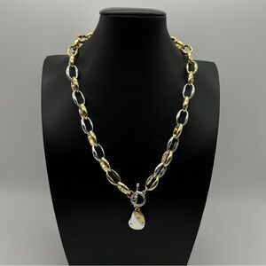 Modern Two-Tone Link Necklace • 14K GP • Toggle • Rhinestone Charm NWT